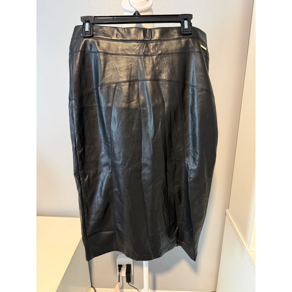 Marc New York Andrew Marc Black Faux Leather Pencil Skirt Midi Back Slit Size M